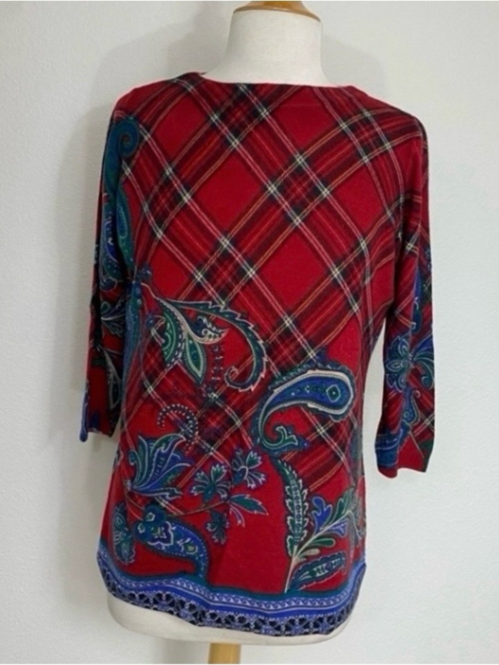 Talbots Womens Red Plaid Paisley Merino Wool Boat Neck Sweater Classic Size M